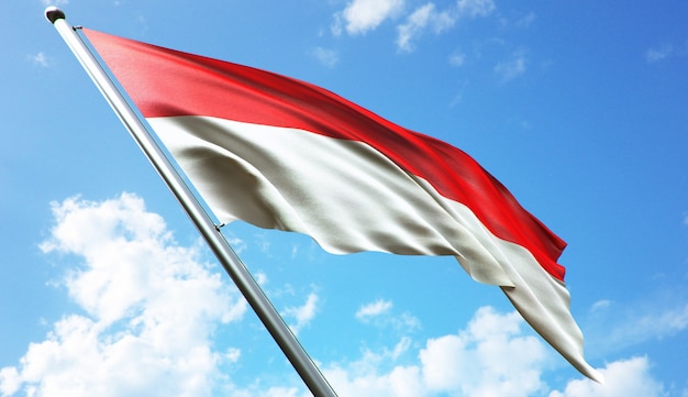 Hochauflösende 3D-Rendering-Darstellung der Indonesien-Flagge mit blauem Himmelshintergrund