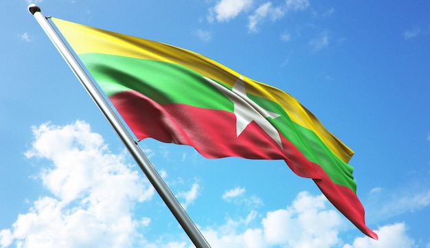 Hochauflösende 3D-Rendering-Darstellung der Myanmar-Flagge mit blauem Himmelshintergrund