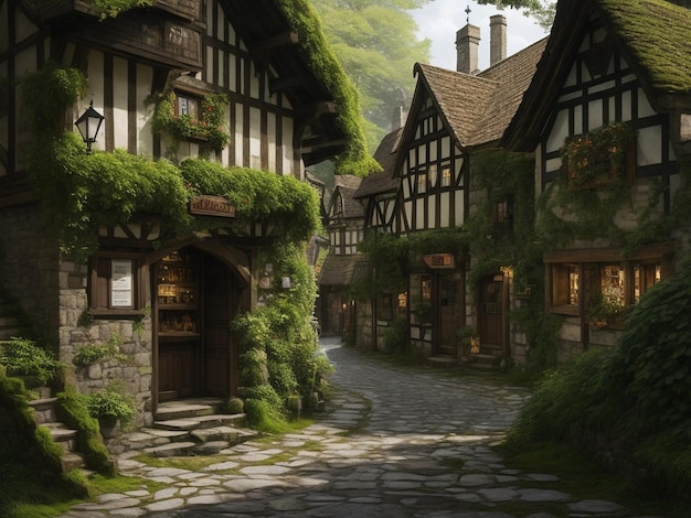 Hochdetaillierte digitale Kunst der Straßen einer mittelalterlichen Stadt inmitten eines Eibenwaldes