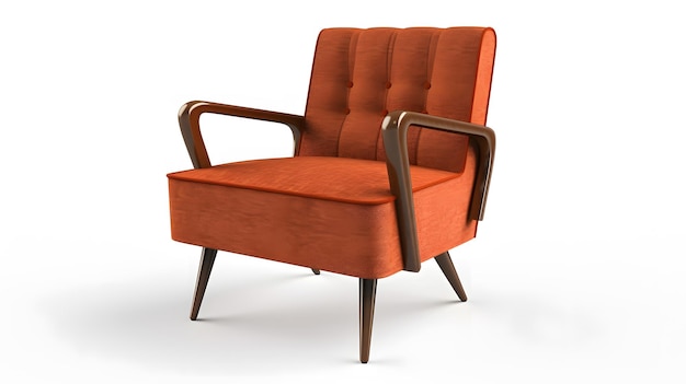 Hochdetaillierter moderner Sessel aus der Mitte des Jahrhunderts mit warmer orangefarbener Polsterung in realistischem 3D mit rotem abstraktem Hintergrund