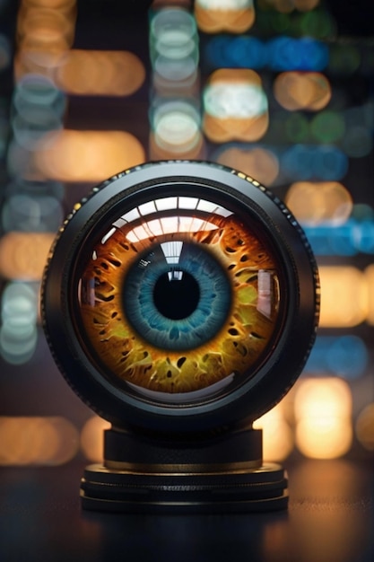 hochdetailliertes Bild eines Augenkugels, das in einer Kameraobjektive reflektiert wird