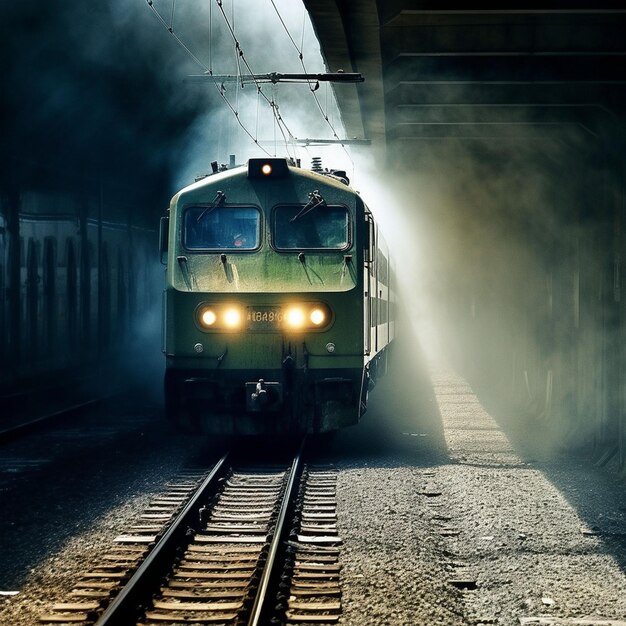 Hochgeschwindiger roter Passagierzug eilt am Abend bei Sonnenuntergang durch die Eisenbahn