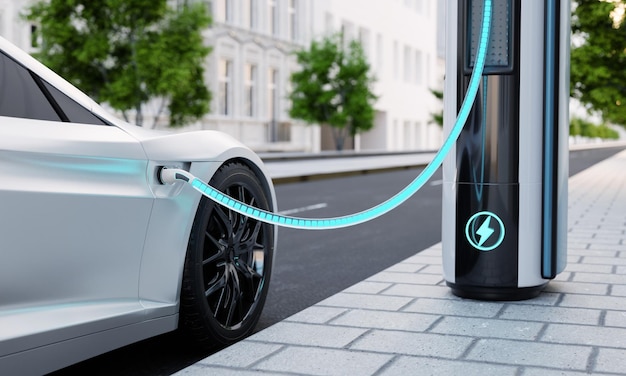 Hochgeschwindigkeits-Ladestation für Elektrofahrzeuge auf den Straßen der Stadt mit Batterieladung mit blauer Energie Konzept für die Kraftstoff- und Transportindustrie 3D-Illustrationsrendering