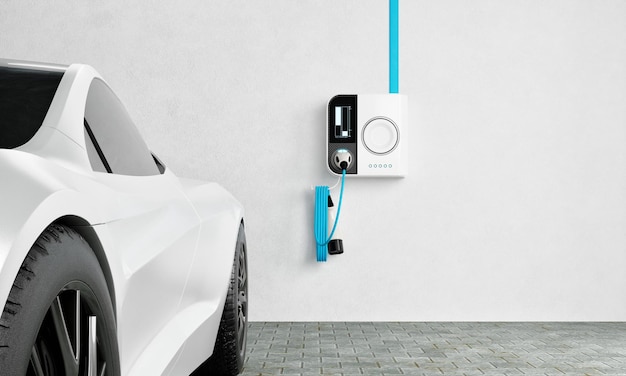 Hochgeschwindigkeits-Ladestation für Elektrofahrzeuge in der Garage zu Hause mit Batterieladegerät mit blauer Energie Konzept für die Kraftstoff- und Transportindustrie 3D-Darstellung