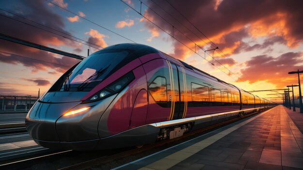 Hochgeschwindigkeits-S-Bahn am Bahnhof und bunter Himmel mit Wolken