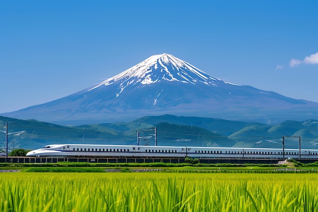 Hochgeschwindigkeitsbahn unter dem Berg Fuji Hochgeschwindigsbahn auf dem Weizenfeld Weizenfelder unter dem Mount Fuji