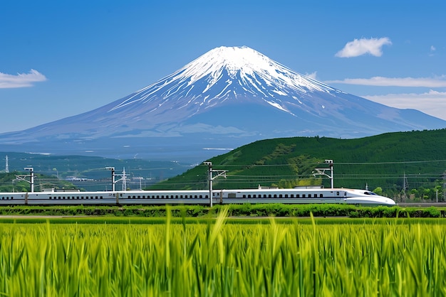 Hochgeschwindigkeitsbahn unter dem Berg Fuji Hochgeschwindigsbahn auf dem Weizenfeld Weizenfelder unter dem Mount Fuji