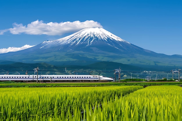 Hochgeschwindigkeitsbahn unter dem Berg Fuji Hochgeschwindigsbahn auf dem Weizenfeld Weizenfelder unter dem Mount Fuji