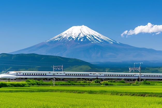 Hochgeschwindigkeitsbahn unter dem Berg Fuji Hochgeschwindigsbahn auf dem Weizenfeld Weizenfelder unter dem Mount Fuji
