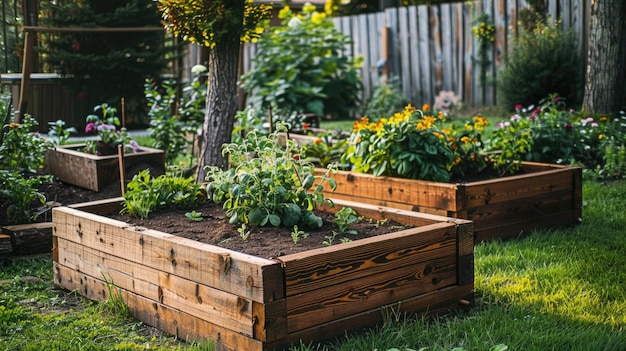 Hochgezogene hölzerne Gartenbetten mit jungen Gemüsepflanzen im städtischen Hinterhof