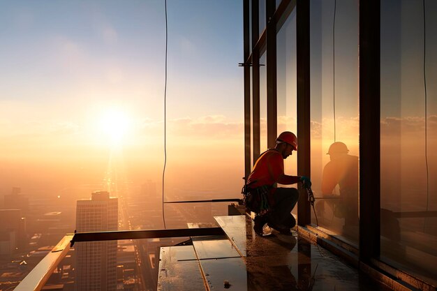 Hochhäuser-Glasinstallation bei Sonnenaufgang Sicherheit zuerst