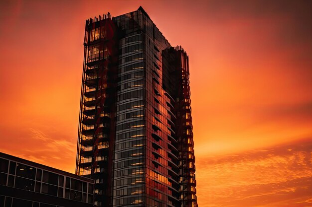 Hochhaus bei Sonnenuntergang, der Himmel färbt sich in Orange- und Rottöne