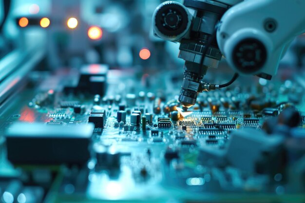 Foto hochpräziser roboterarm in einer modernen elektronikfabrik
