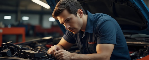 Foto hochqualifizierter mechaniker verwendet fortschrittliche diagnostische werkzeuge bei der täglichen fehlersuche von autos