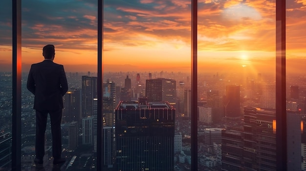 Hochrangige Führungskräfte, die von einem Hochhaus aus über die Stadt blicken