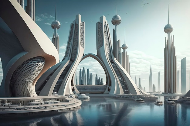 Hochrealistische weiße futuristische Stadt des digitalen Realismus Generative KI