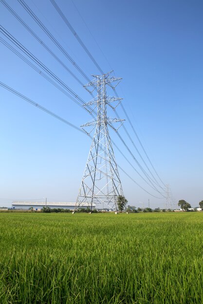 Hochspannungs-Sendemast und Kabel.