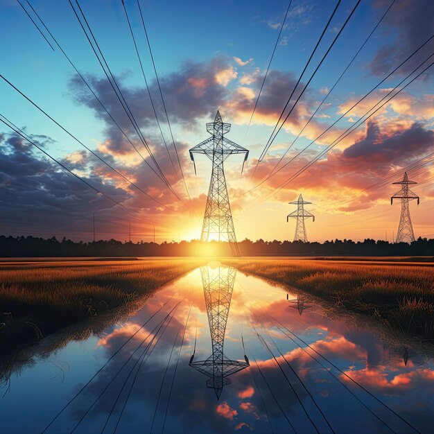 Foto hochstromkabel mit blick auf den turmsonnenuntergang