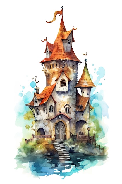 Hochturm-Schloss-Aquarell-Clipart isoliert auf weißem Hintergrund mit generativer KI