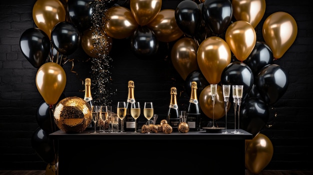 Hochwertige goldene und schwarze Luftballons mit Champagner