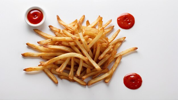 Hochwertiges Bild von knusprigen Pommes Frites mit einem roten Ketchup auf einem sauberen Hintergrund