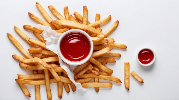 Hochwertiges Bild von knusprigen Pommes Frites mit einem roten Ketchup auf einem sauberen Hintergrund