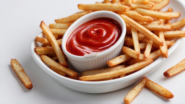 Hochwertiges Bild von knusprigen Pommes Frites mit einem roten Ketchup auf einem sauberen Hintergrund