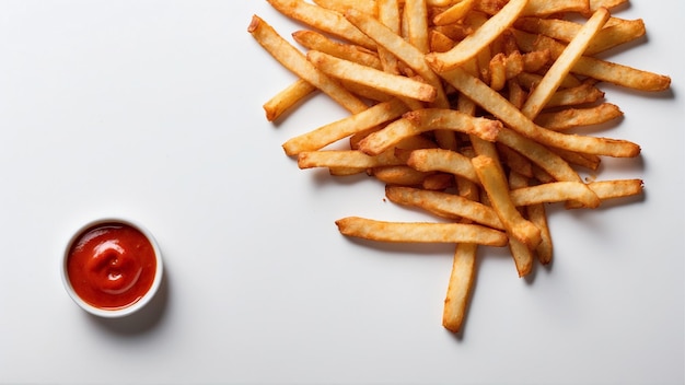 Hochwertiges Bild von knusprigen Pommes Frites mit einem roten Ketchup auf einem sauberen Hintergrund