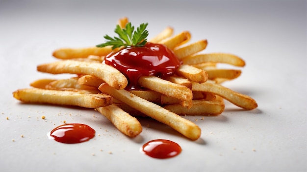 Hochwertiges Bild von knusprigen Pommes Frites mit einem roten Ketchup auf einem sauberen Hintergrund