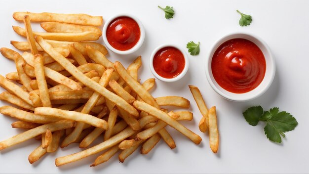 Hochwertiges Bild von knusprigen Pommes Frites mit einem roten Ketchup auf einem sauberen Hintergrund