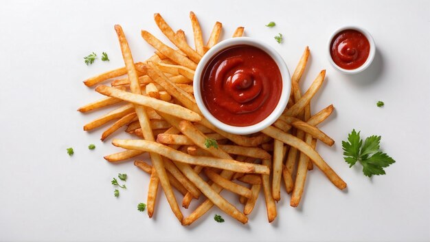 Hochwertiges Bild von knusprigen Pommes Frites mit einem roten Ketchup auf einem sauberen Hintergrund