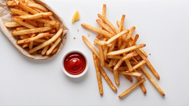 Hochwertiges Bild von knusprigen Pommes Frites mit einem roten Ketchup auf weißem Hintergrund