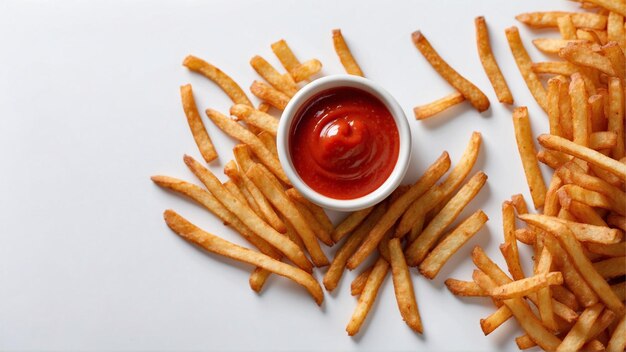 Hochwertiges Bild von knusprigen Pommes Frites mit einem roten Ketchup auf weißem Hintergrund