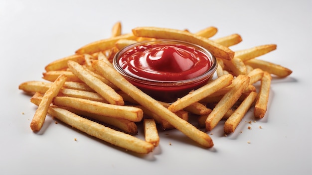 Hochwertiges Bild von knusprigen Pommes Frites mit einem roten Ketchup