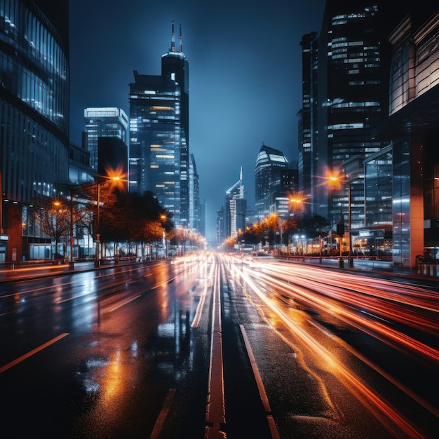 Hochwertiges Foto, eine Langzeitbelichtungsaufnahme einer belebten Stadtstraße bei Nacht