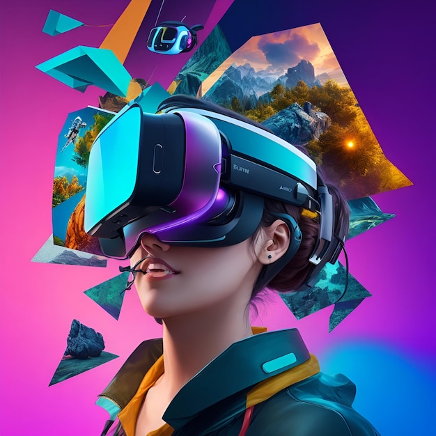 Hochwertiges Metaverse-Konzept-Collage-Design mit Headset und intelligenter Brille. Futuristische KI