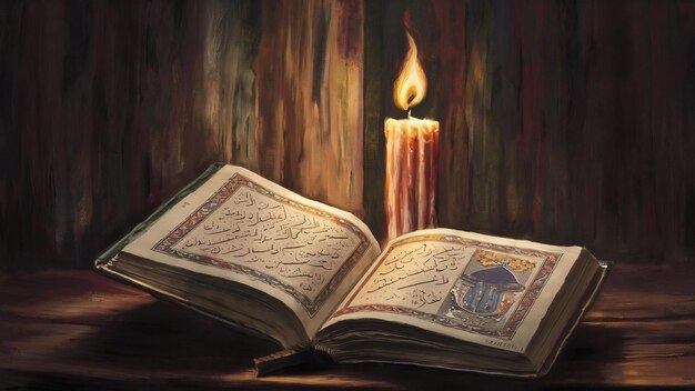 Hochwinkel geöffneter Koran neben Kerze