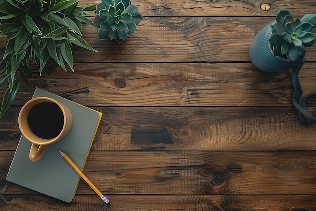 Hochwinkel-Schreibtisch mit Bleistift-Notebook-Kaffeekuppe Platz auf der linken Seite