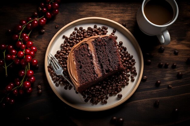 Hochwinkel von Schokoladenkuchen mit Kaffeebohnen