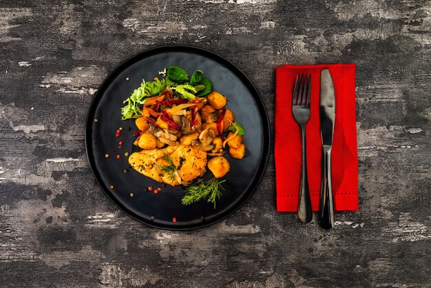 Foto hochwinkelansicht der mahlzeit, die auf einem teller mit besteck auf dem tisch serviert wird