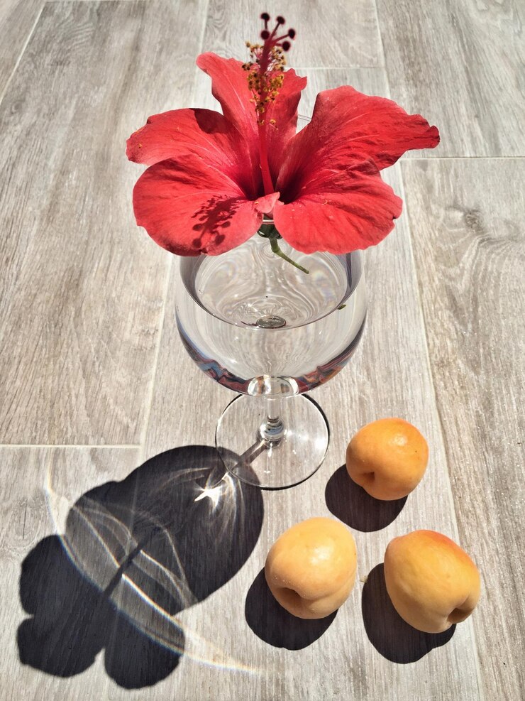 Foto hochwinkelansicht des roten hibiskus im weinglas von aprikosen auf dem tisch