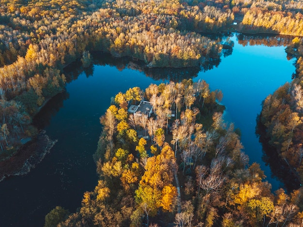 Hochwinkelansicht des Sees im Wald im Herbst