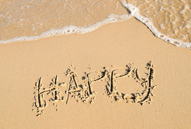 Hochwinkelansicht eines glücklichen Textes auf Sand am Strand