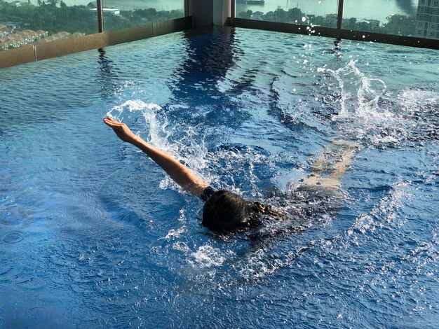 Hochwinkelansicht eines Hundes, der im Pool schwimmt