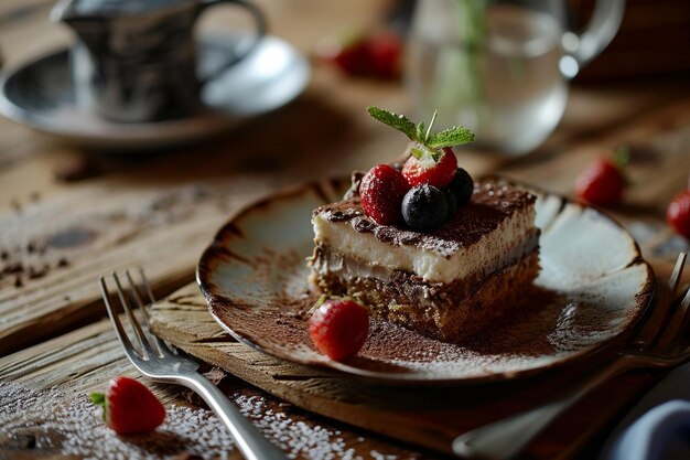 Foto hochwinkelansicht eines tiramisu-kuchenstücks auf einem teller