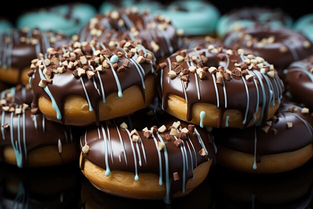 Hochwinkelansicht Schokoladen-Donut auf blauem Boden generative IA
