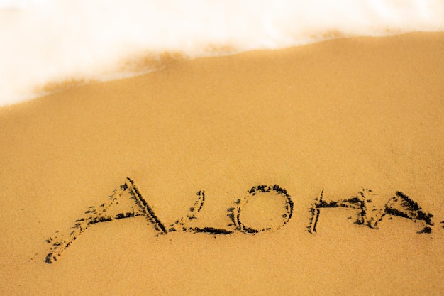 Hochwinkelansicht von Aloha-Text auf Sand am Strand