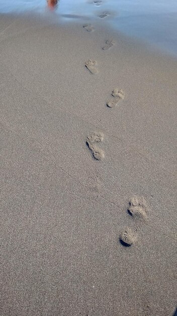 Foto hochwinkelansicht von fußabdrücken auf dem sand am strand