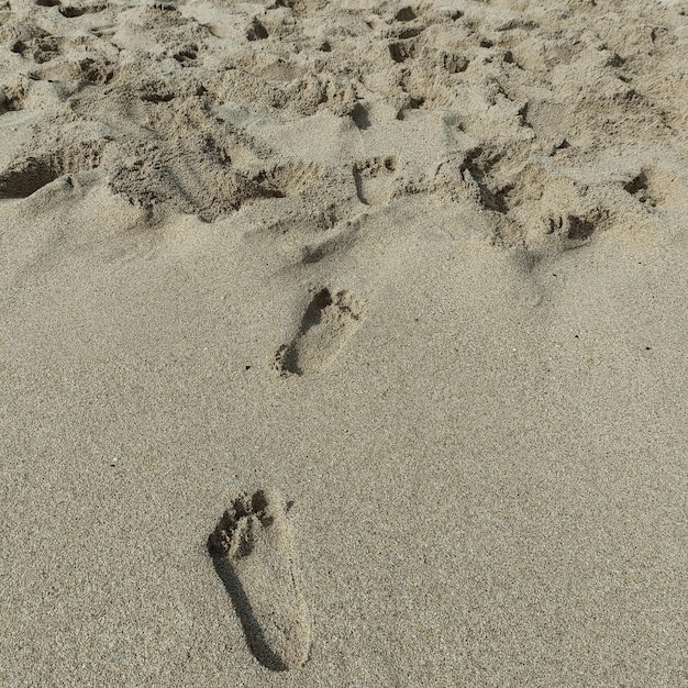 Hochwinkelansicht von Fußabdrücken im Sand