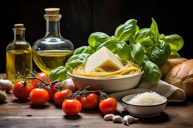 Hochwinkelansicht von köstlichem frischem italienischem Essen auf Tischtuch über weißem Tisch